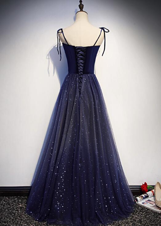 Navy Blue Velvey Tulle Straps Prom Dresses, OL224