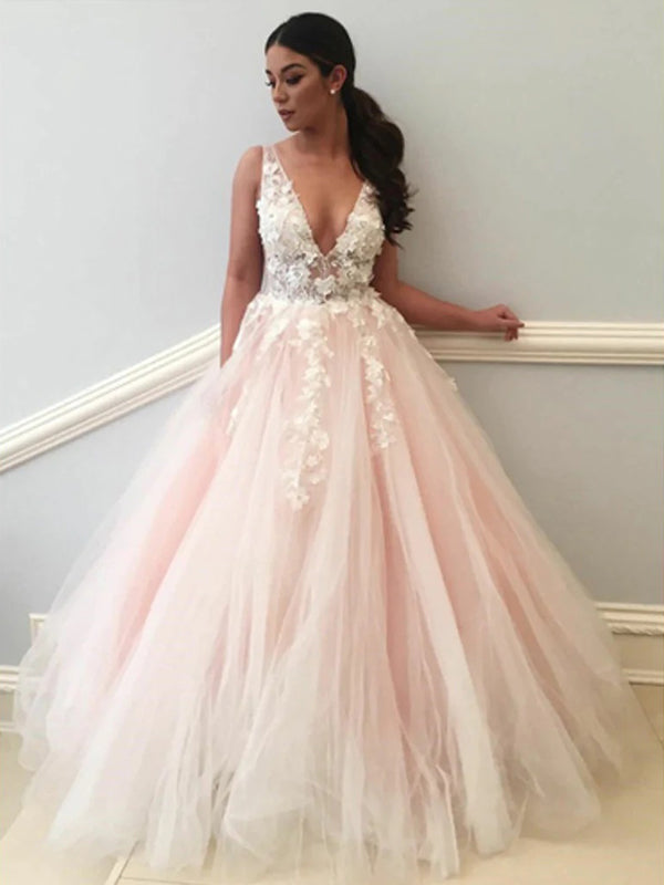 A-line Deep V-neck Backless Applique Tulle Pink Prom Dresses, OL261