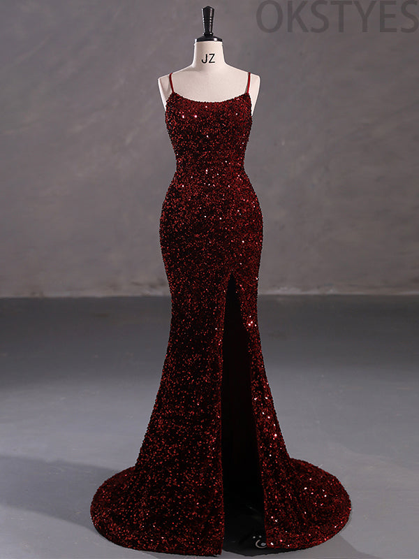 Elegant Mermaid Burgundy Sequins Spaghetti Straps Prom Dresses, OL285