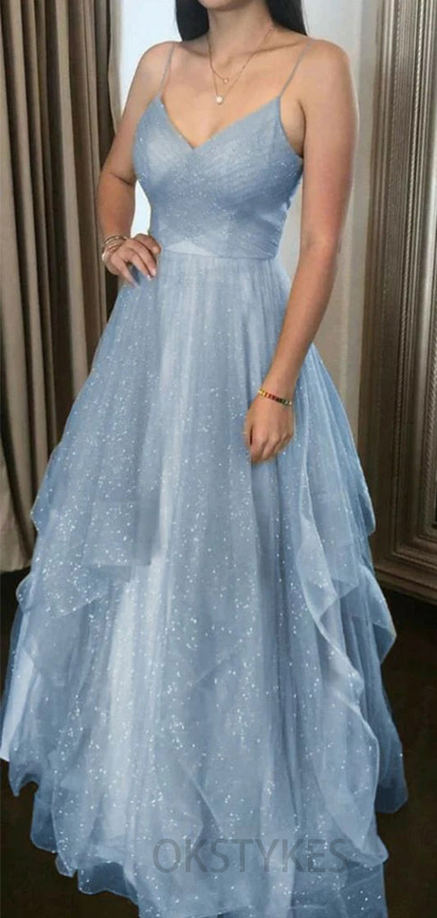 Elegant Blue Spaghetti Straps V-neck Tulle Long Prom Dresses, OL305