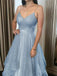 Elegant Blue Spaghetti Straps V-neck Tulle Long Prom Dresses, OL305