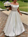 Off Shoulder Ivory Satin A-line Long Wedding Dress, WD0461