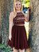 Halter Two-pieces Sleeveless Burgundy Chiffon Lace Homecoming Dresses, HD0536