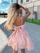 A-line Spaghetti Straps Backless Short Pink Lace Homecoming Dresses, HD0539