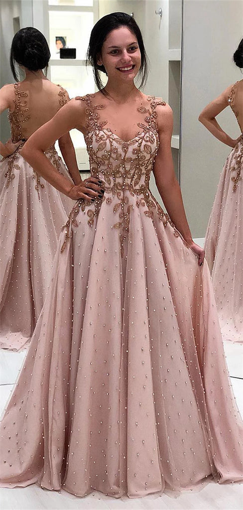 A-line V-neck Beading And Appliques Long Tulle Prom Dresses, PD0563