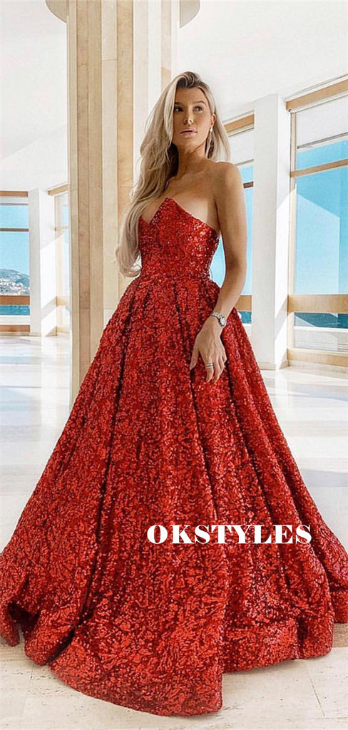 Strapless V-neck Sleeveless Shining Long Red Sequins Prom Dresses , PD0591