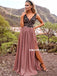 A-line V-neck Black Lace Top Long Tulle Prom Dresses With Split, PD0639