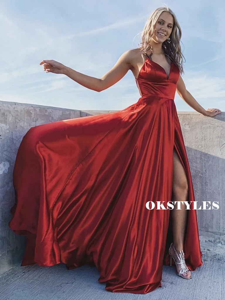 A-Line V-Neck Lace-up Back Red Satin Prom Dresses With Split, PD0649