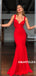 Mermaid Straps V-neck Backless Long Red Prom Dresses, PD0580