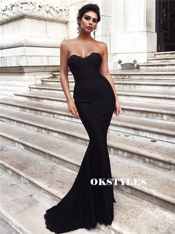 Mermaid Strapless Sexy Balck Lace Long Prom Dresses, PD0609