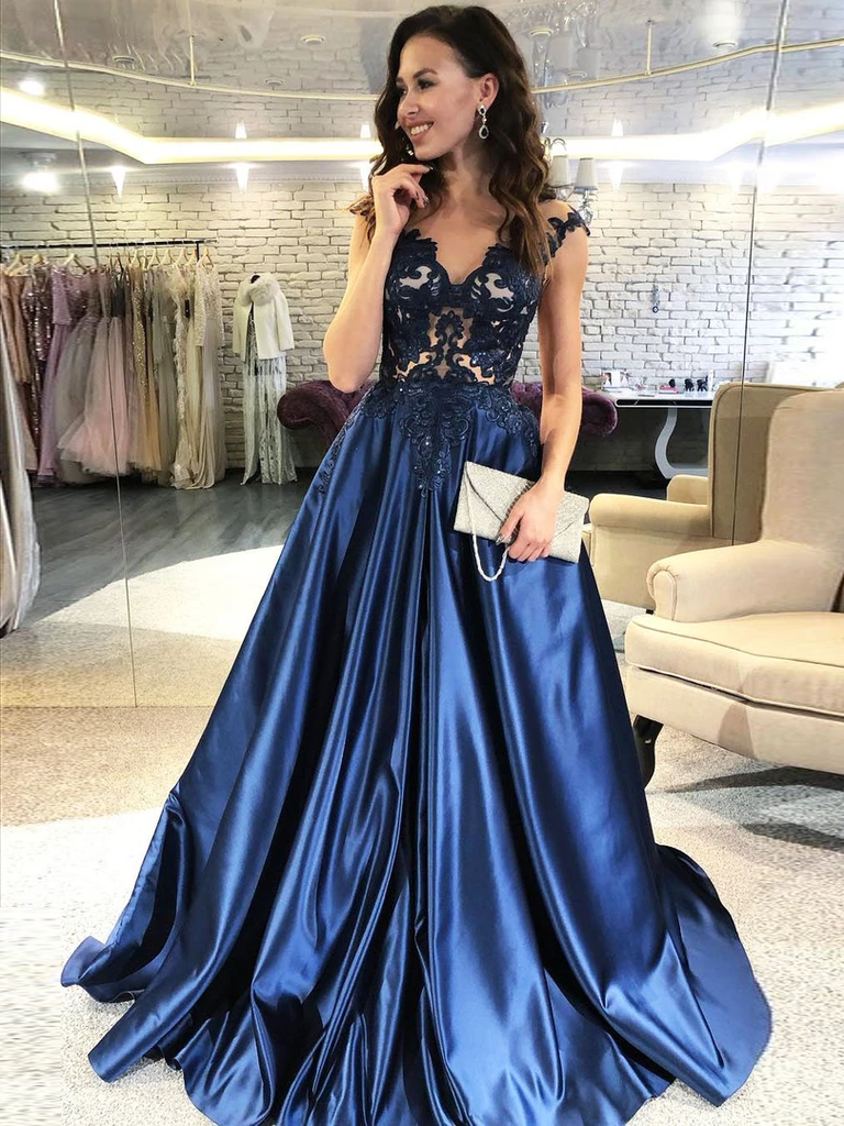 A-line Cap Sleeves See-though Appliques Long Navy Blue Prom Dresses, PD0567