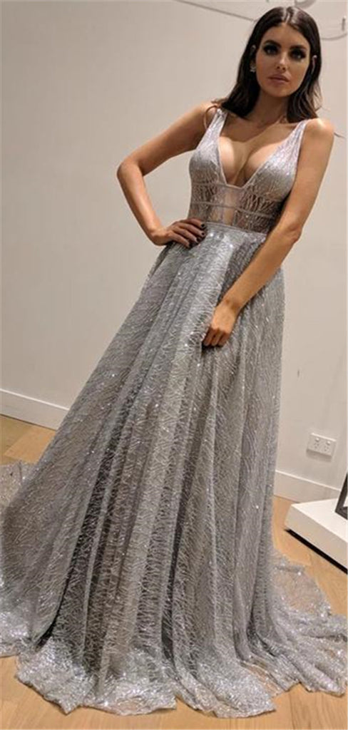Newest A-line V-neck Sparkly Backless Sexy Long Prom Dresses, PD0565