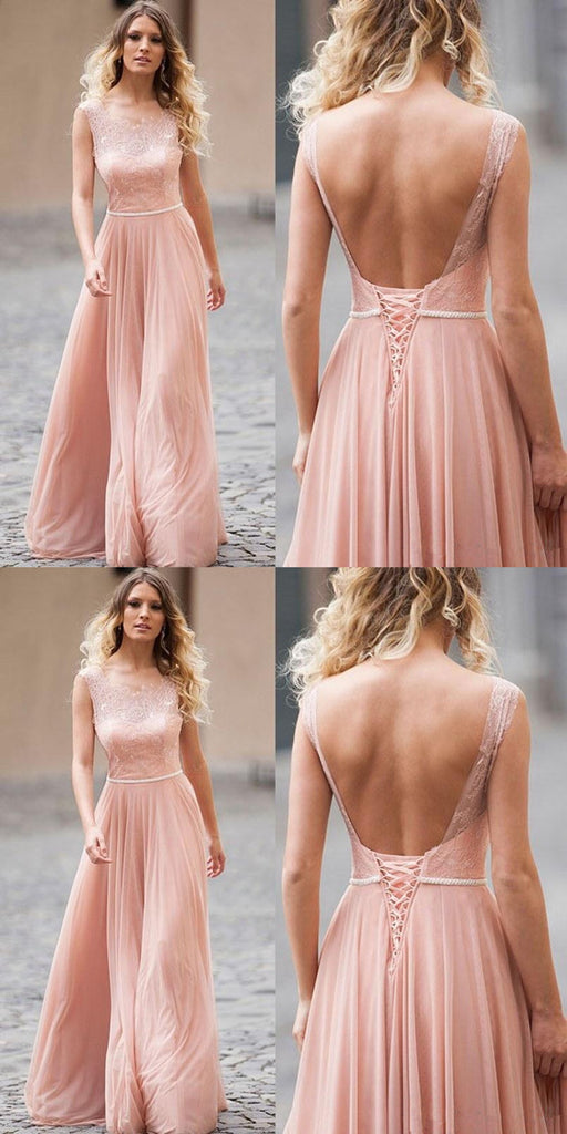 A-line Blush Pink Backless Lace Up Back Long Bridesmaid Dresses, BD0550