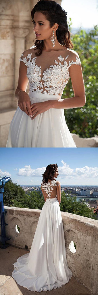 A-Line Sexy Modern Simple Chiffon Cap Sleeves High Slits Long Wedding Dress, WD0378