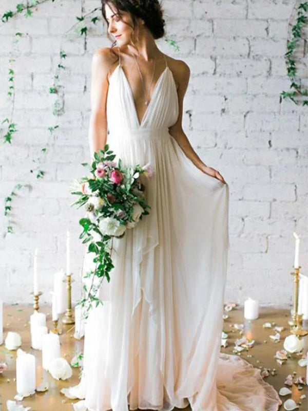 Simple Deep V-neck Sweep Train Ivory Wedding Dress with Straps, WD0452
