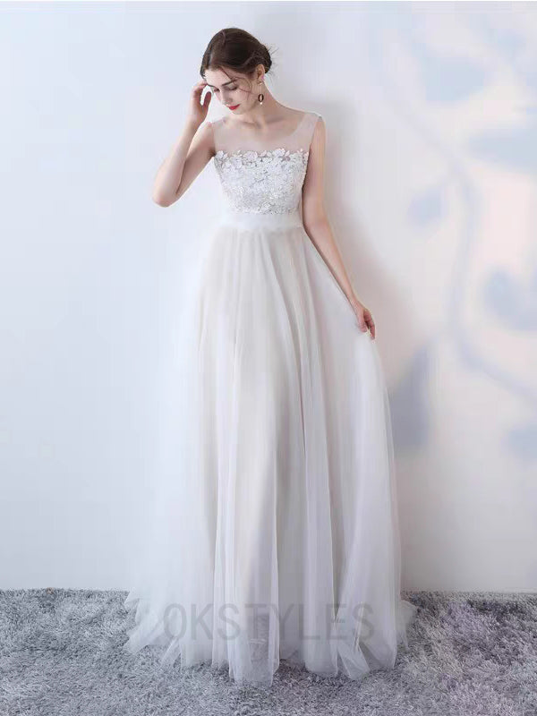Elegant Sleeveless Tulle Appliqued Long Prom Dresses, OL331