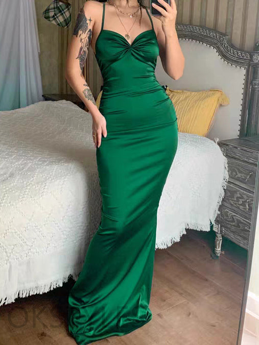 Sexy Satin Mermaid Floor-Length Open-Back Prom Dresses, OT061